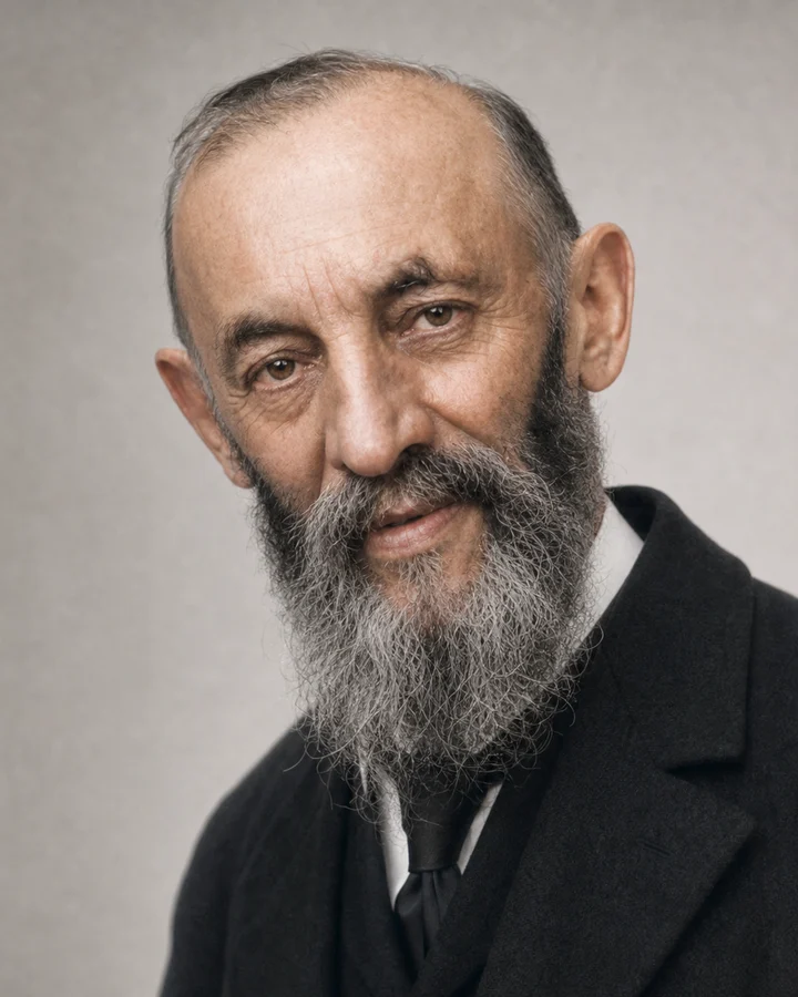 Late transition frame between a historical portrait and an AI-generated modern portrait of Giuseppe Peano