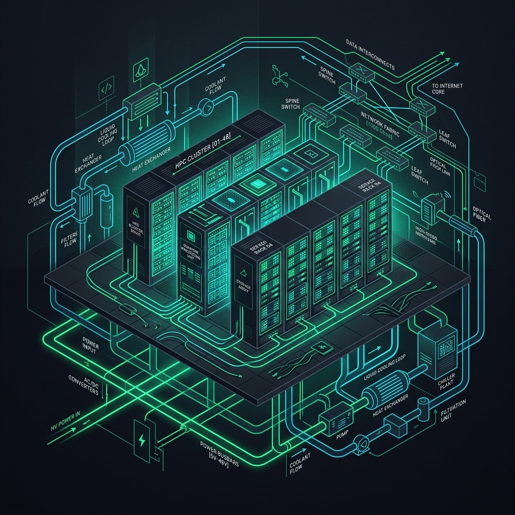 Engineering schematic of a data center integrated with power and water recycling loops